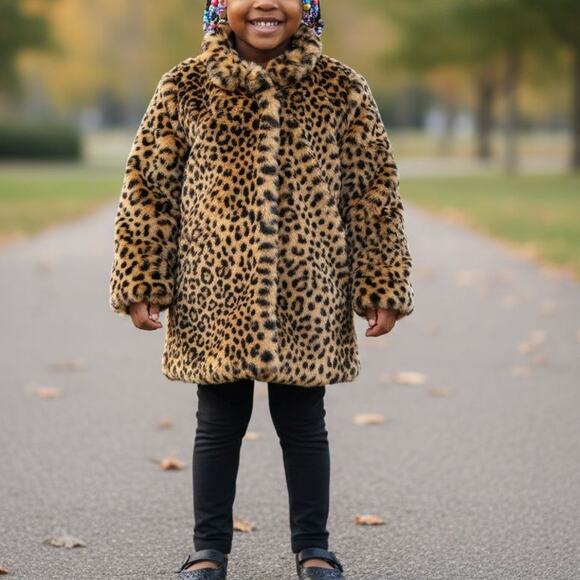 Neiman Marcus Leopard Print Coat Tan Faux Fur Plush Animal Dressy Winter 4 Girls - Picture 1 of 12